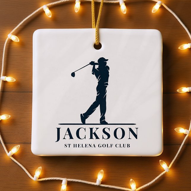 Personlig Monogram Golf Swing Navy Blue White Julgransprydnad Keramik (Skapare uppladdad)