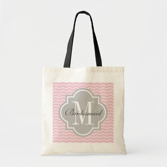Personlig monogram grå rosa chevron-handväska tygkasse (Framsidan)