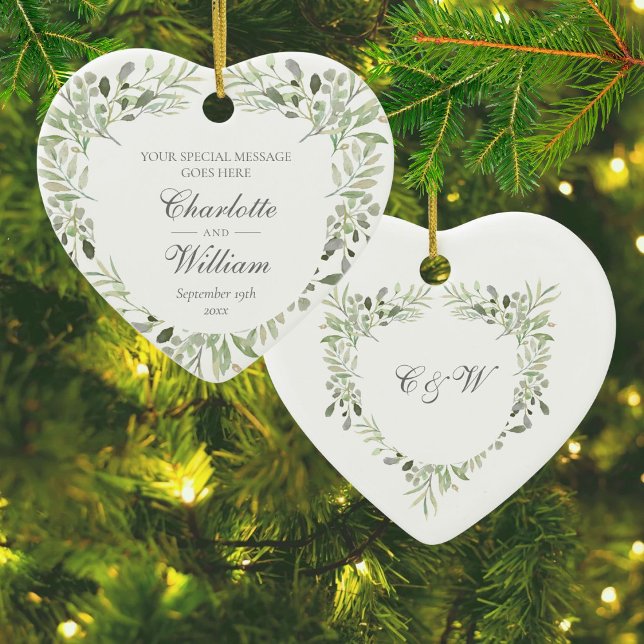 Personlig Monogram Greenery Bröllop Julgransprydnad Keramik (Personalized Monogram Greenery Wedding Ceramic Ornament)
