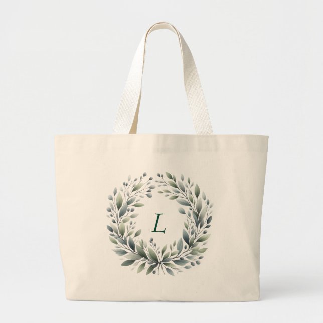Personlig Monogram Grönt Löv Tote Bag Jumbo Tygkasse (Framsidan)