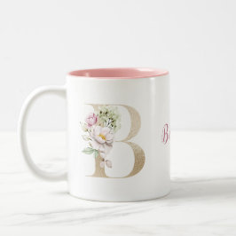 Personlig monogram guld bokstav B rosa blommor  Två-Tonad Mugg