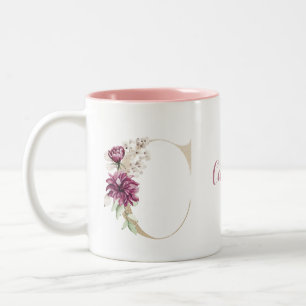 Personlig monogram guld bokstav C rosa blommig Två-Tonad Mugg