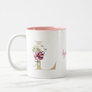 Personlig monogram guld bokstav L rosa blommig Två-Tonad Mugg