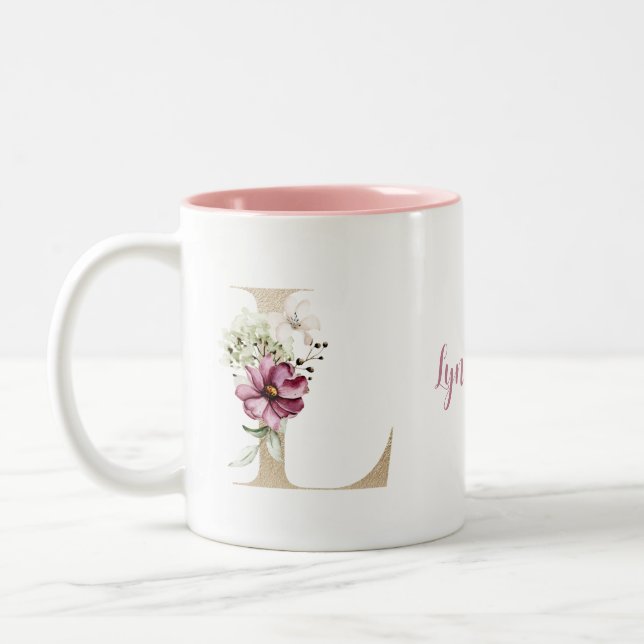 Personlig monogram guld bokstav L rosa blommig  Två-Tonad Mugg (Vänster)