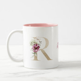 Personlig monogram guld bokstav R rosa blommig  Två-Tonad Mugg