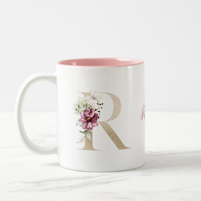 Personlig monogram guld bokstav R rosa blommig  Två-Tonad Mugg (Vänster)