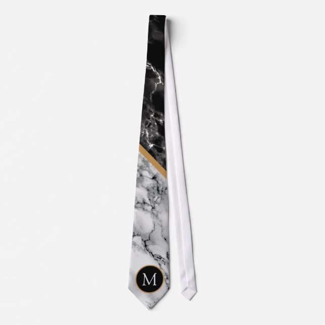 Personlig monogram halsduk svart vit marmor slips (Framsida)
