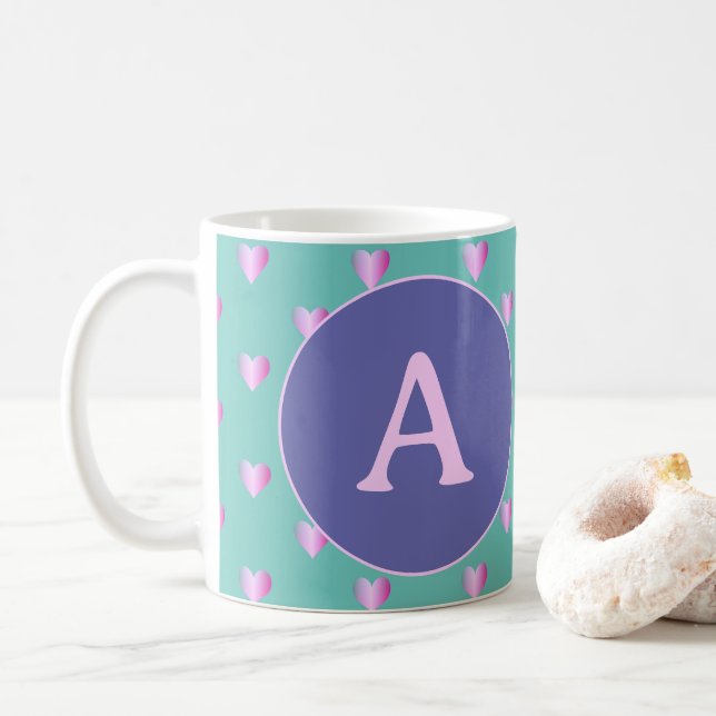 Personlig Monogram Hearts Lilac Teal Kaffemugg (Med munk)