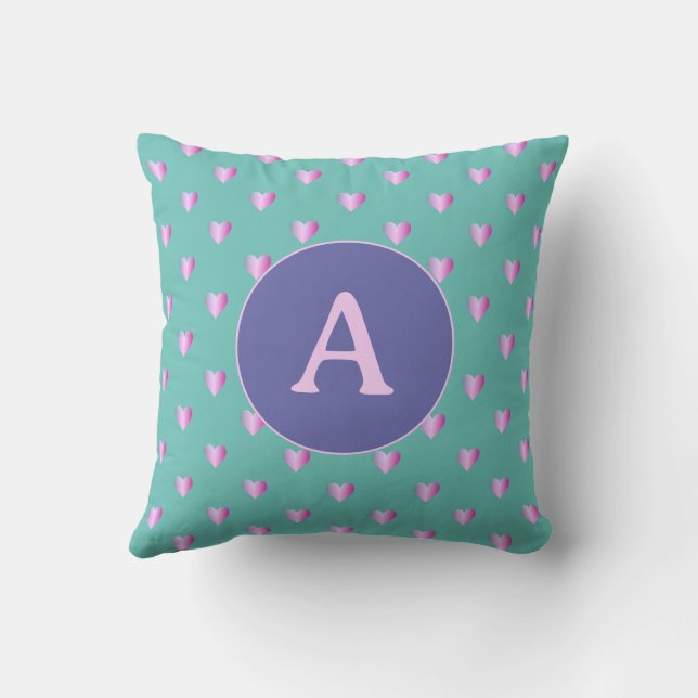 Personlig Monogram Hearts Lilac Teal Kudde (Baksida)