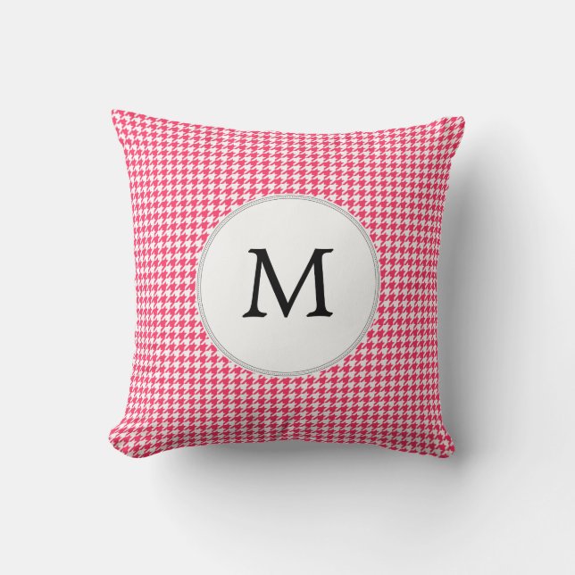 Personlig Monogram Houndstooth Rosa och White Kudde (Framsida)