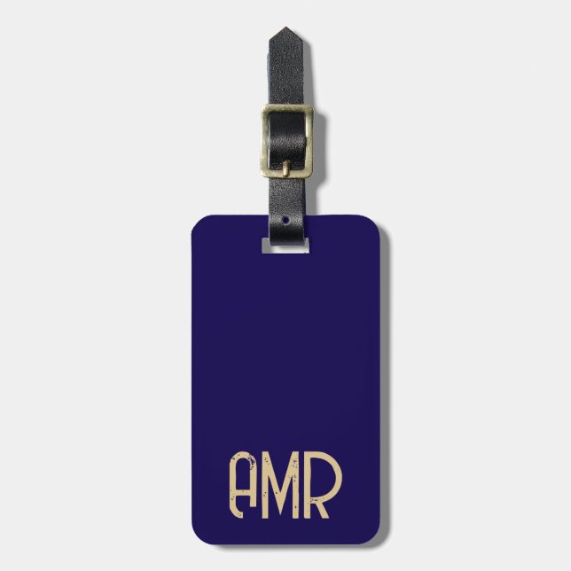 Personlig monogram i blått och guld bagagebricka (Vertikal Framsida)