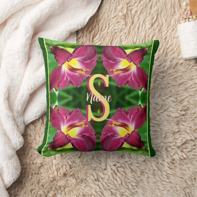 Personlig monogram initial Namn Daylily konst Kudde (Filt)