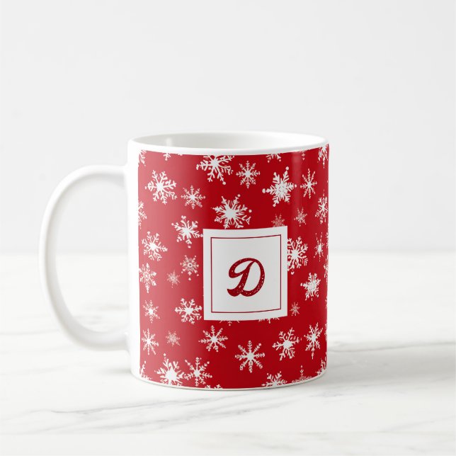 Personlig Monogram Julafton Snowflake Red Mönster Kaffemugg (Vänster)