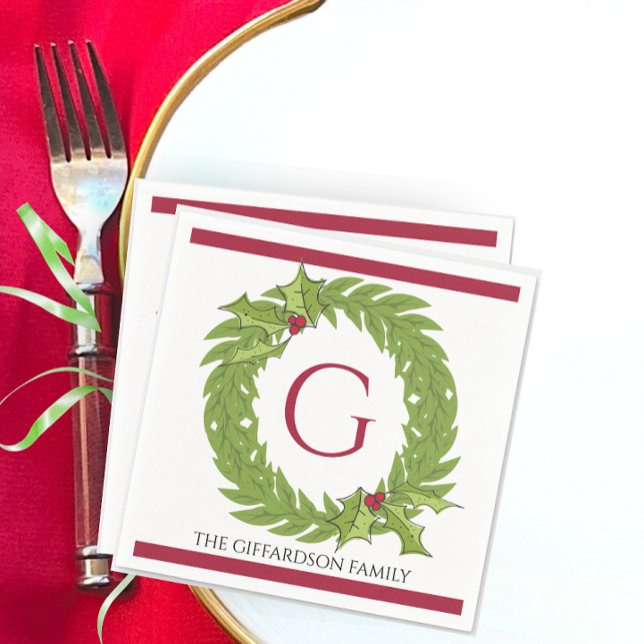 Personlig monogram julkranscocktailservett pappersservett (Personalized Monogram Christmas Wreath Red Green Custom Family Name Cocktail Drink Party Napkins)