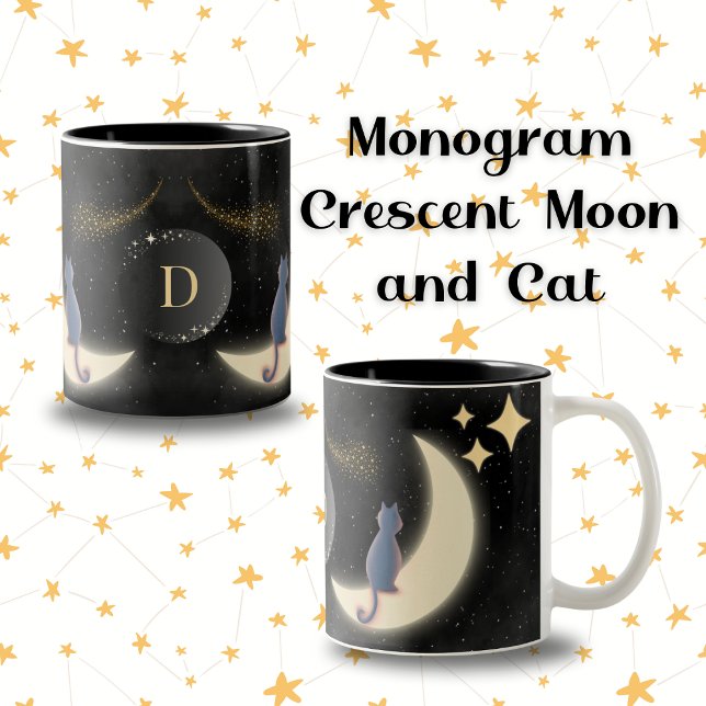 Personlig Monogram Katt och Crescent Måne Två-Tonad Mugg (Skapare uppladdad)