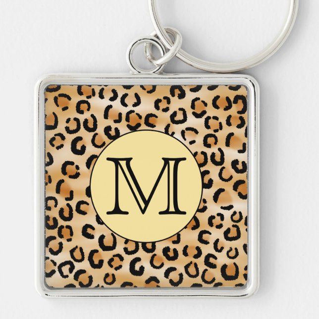 Personlig Monogram Leopard Skriv ut Mönster. Fyrkantig Silverfärgad Nyckelring (Framsidan)