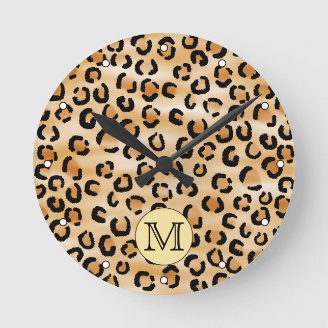 Personlig Monogram Leopard Skriv ut Mönster. Rund Klocka (Framsida)