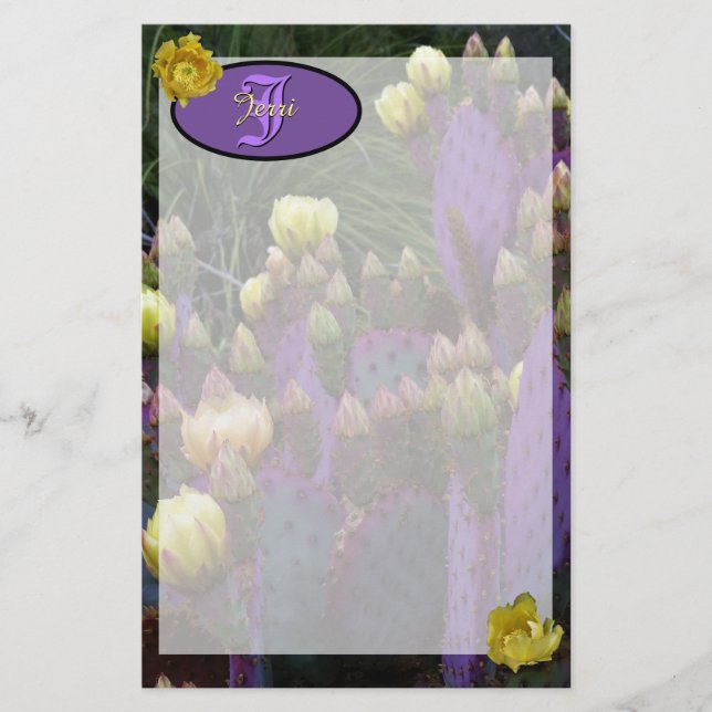 Personlig Monogram Lila Cactus Gula blommor Brevpapper (Framsida)