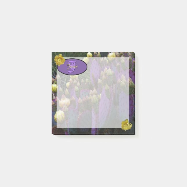 Personlig Monogram Lila Cactus Gula blommor Post-it Block (Framsida)