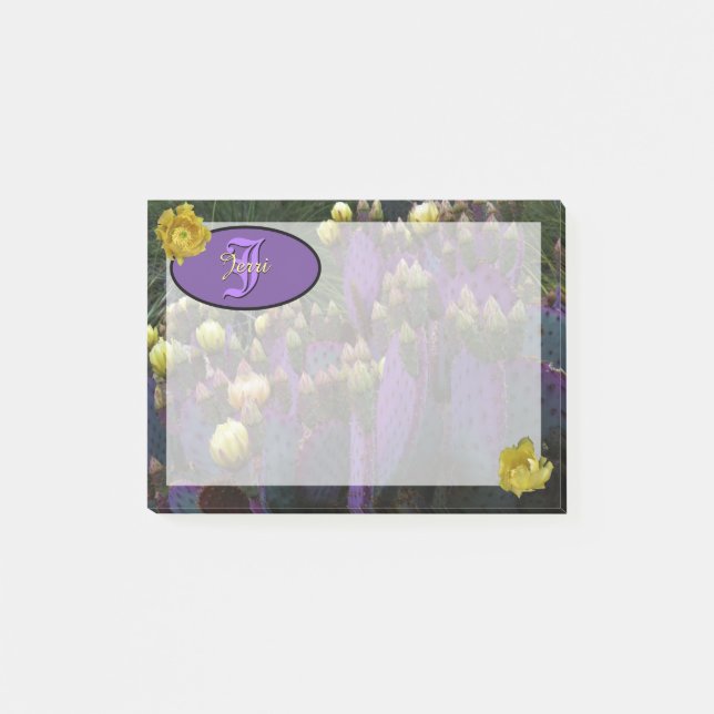 Personlig Monogram Lila Cactus Gula blommor Post-it Block (Framsida)