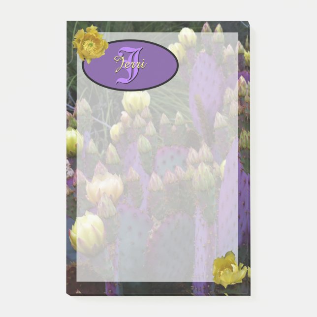 Personlig Monogram Lila Cactus Gula blommor Post-it Block (Framsida)