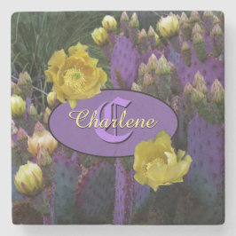 Personlig Monogram Lila Cactus Gula blommor Stenunderlägg