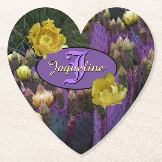 Personlig Monogram Lila Cactus Gula blommor Underlägg Papper (Framsida)