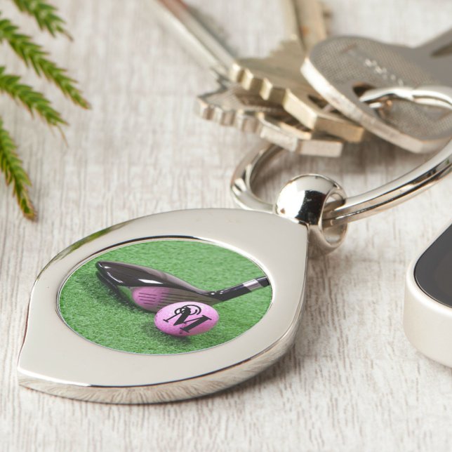 Personlig monogram lyxig script rosa golfboll swirl silverfärgad nyckelring (Skapare uppladdad)