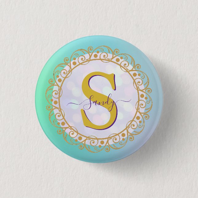 Personlig Monogram Mandala Guld och Blå Knapp (Framsida)