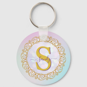 Personlig Monogram Mandala Guld och Blå Nyckelring