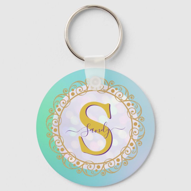 Personlig Monogram Mandala Guld och Blå Nyckelring (Framsida)