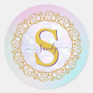 Personlig Monogram Mandala Guld och Blå Runt Klistermärke
