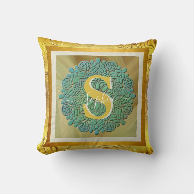 Personlig Monogram Mandala Guld och Blue Kudde (Framsida)