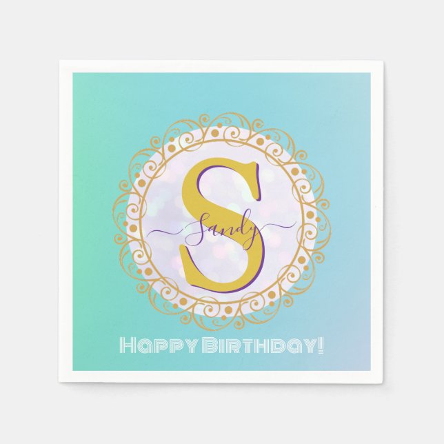 Personlig monogram-mandala i guld och blått pappersservett (Framsidan)