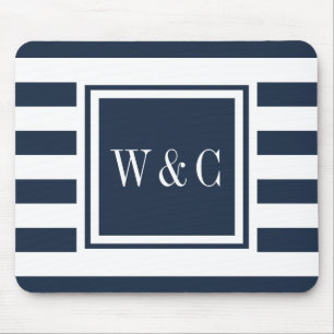 Personlig monogram marinblå vit rand musmatta