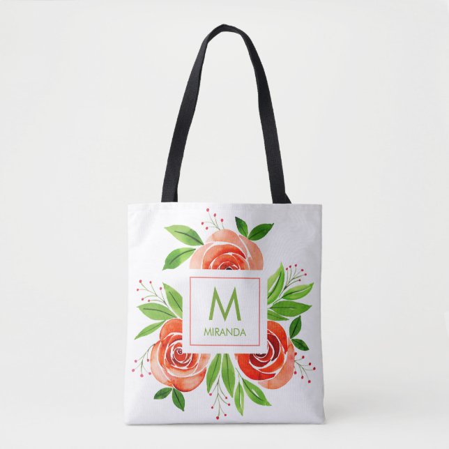 Personlig monogram med akvarellblommor tygkasse (Framsida)