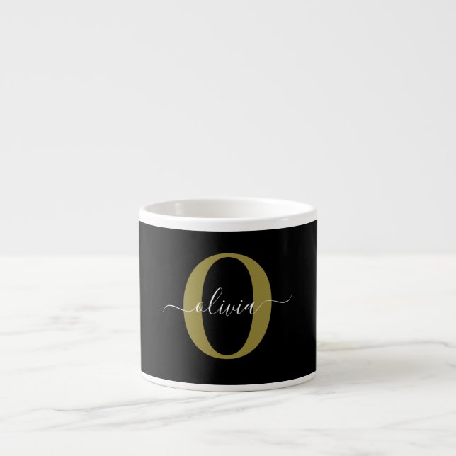 Personlig Monogram Namn Black White Guld Espressomugg (Framsidan)