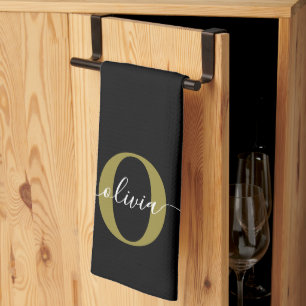 Personlig Monogram Namn Black White Guld Kökshandduk