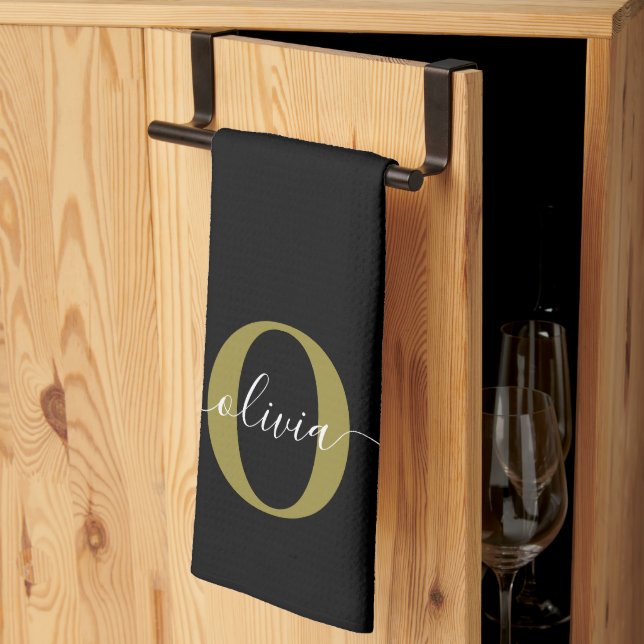 Personlig Monogram Namn Black White Guld Kökshandduk (Thirds Fold)