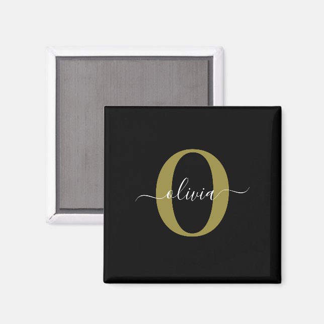 Personlig Monogram Namn Black White Guld Magnet (Front/Back)