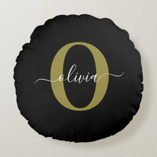 Personlig Monogram Namn Black White Guld Rund Kudde