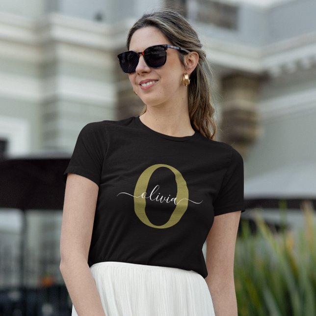 Personlig Monogram Namn Black White Guld T Shirt (Skapare uppladdad)