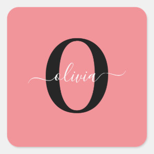 Personlig Monogram Namn Black White-Rosa Fyrkantigt Klistermärke