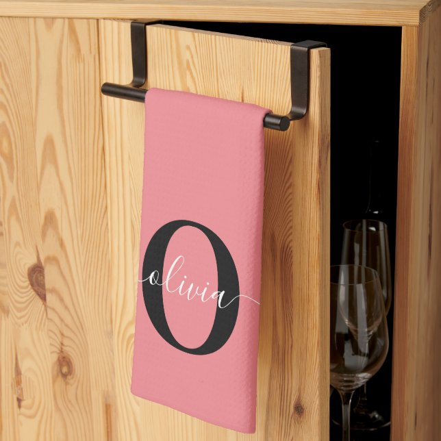Personlig Monogram Namn Black White-Rosa Kökshandduk (Thirds Fold)