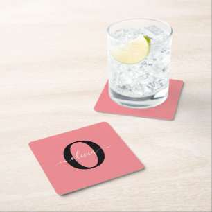 Personlig Monogram Namn Black White-Rosa Underlägg Papper Kvadrat