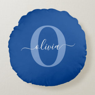 Personlig Monogram Namn Blue White Rund Kudde