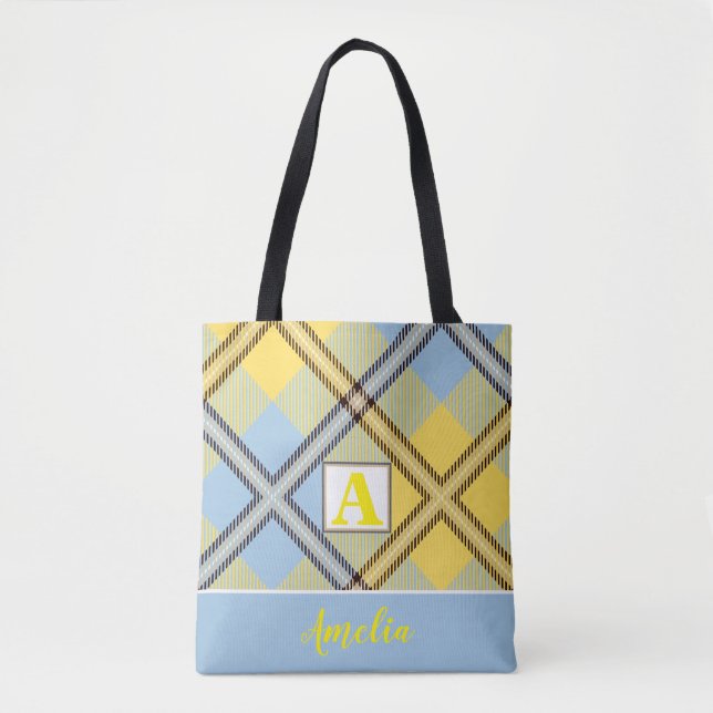 Personlig Monogram Namn Chic  Blue Tartan Tygkasse (Framsida)