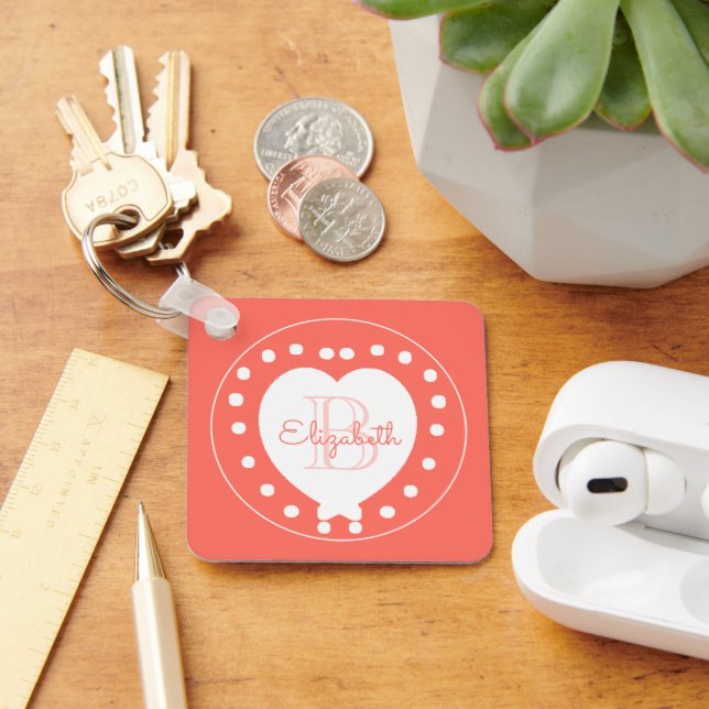 Personlig Monogram Namn Coral White Heart Nyckelring (Skrivbord)