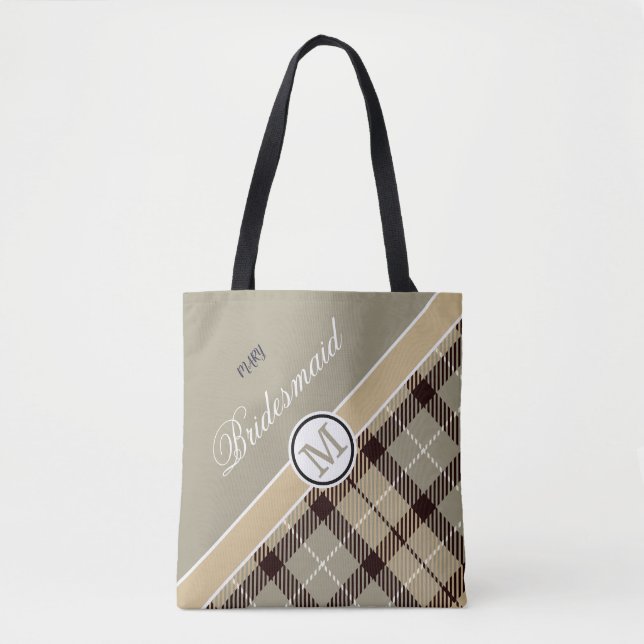 Personlig Monogram Namn Cute Tartan Bridesmaid Tygkasse (Framsida)