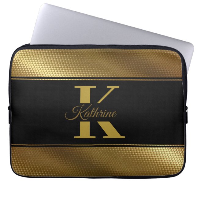 personlig monogram namn golden black laptop fodral (Framsidan)